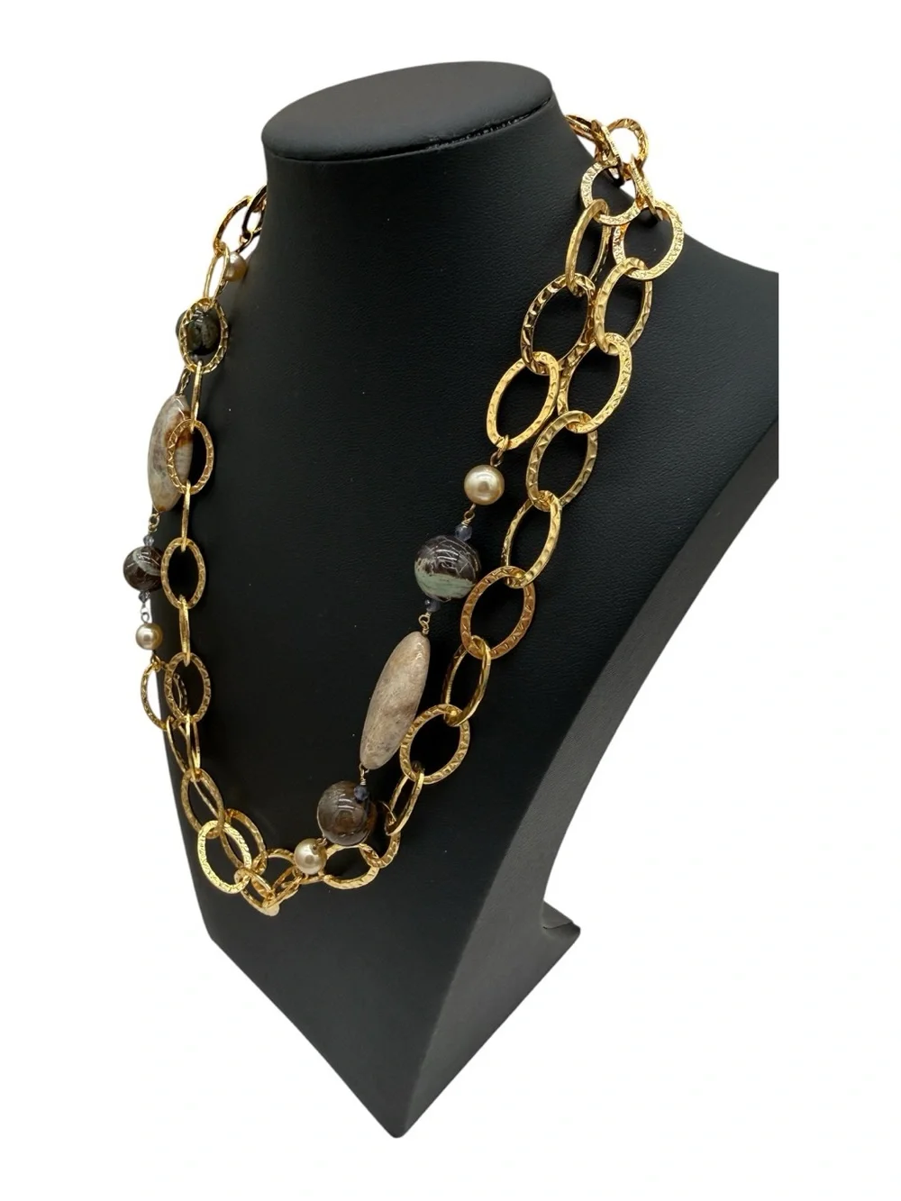 David Aubrey Vintage 18K Gold Plated HammeredChain Necklace w/ Real Stone